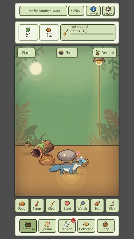 The pixel terrarium screen showing hunger, mood, cleanliness, warmth, and energy meters