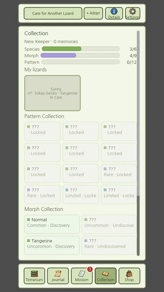 The collection screen listing discovered species and morphs